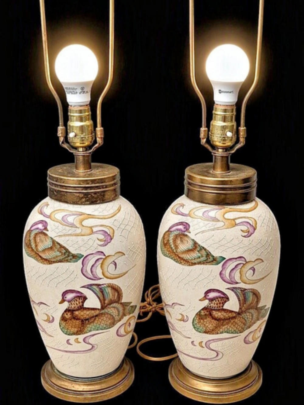 Vintage Pair of As You Like It Chinoiserie Mandarin Duck Ceramic Lamps